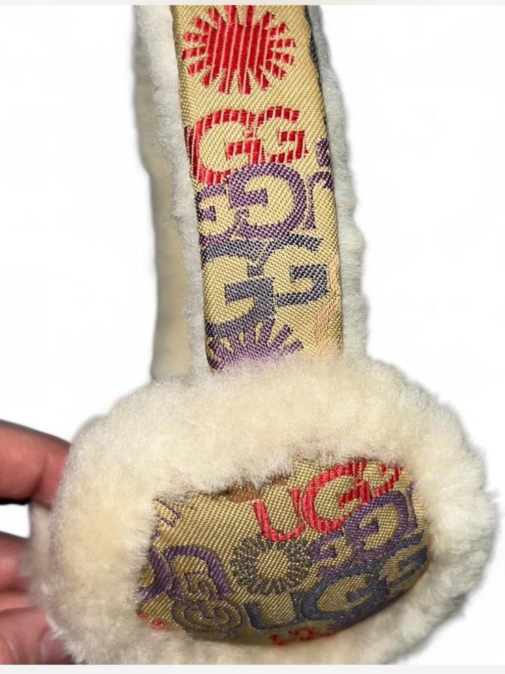 UGG Cream Shearling Earmuffs with Patterned Multicolor Band